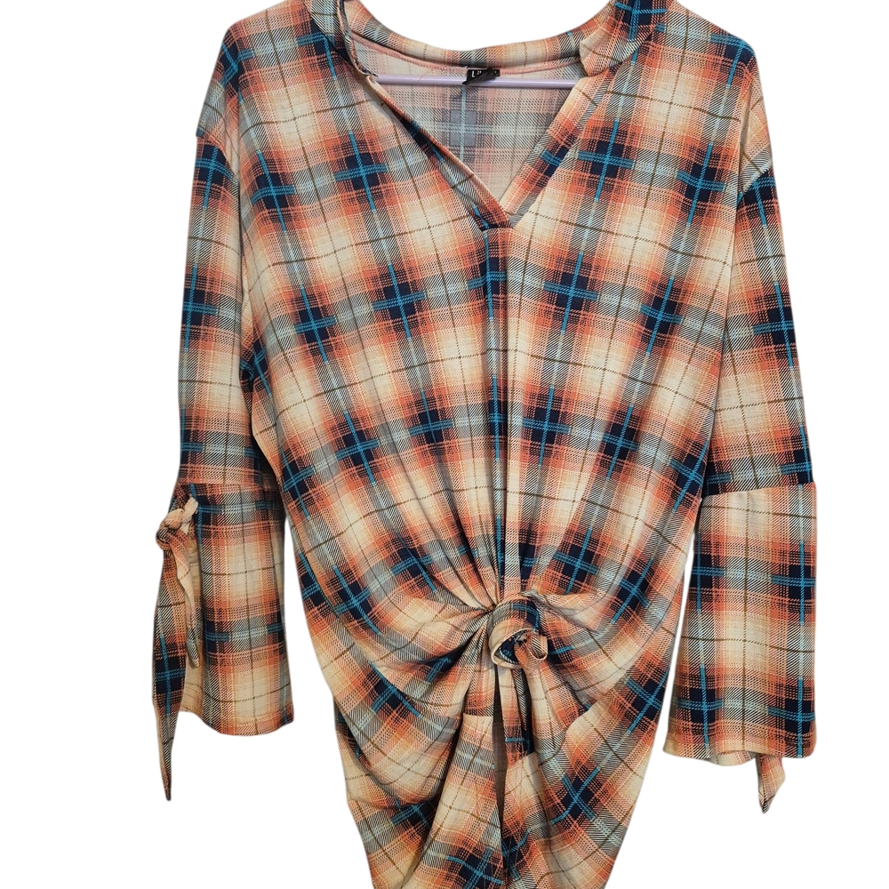 Plaid Knot Front Women's Top Lildy Split Sleeve With Ties Size Large Xlarge
